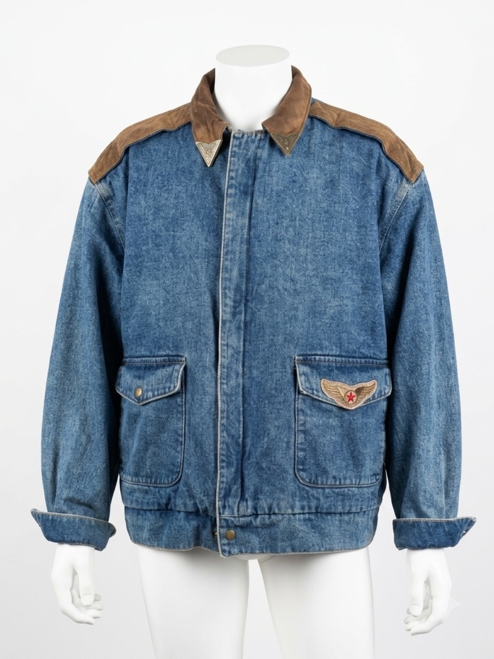 RARE Vintage 80s Wings Denim Flight Field Bomber Jacket Leather Collar 2X Big